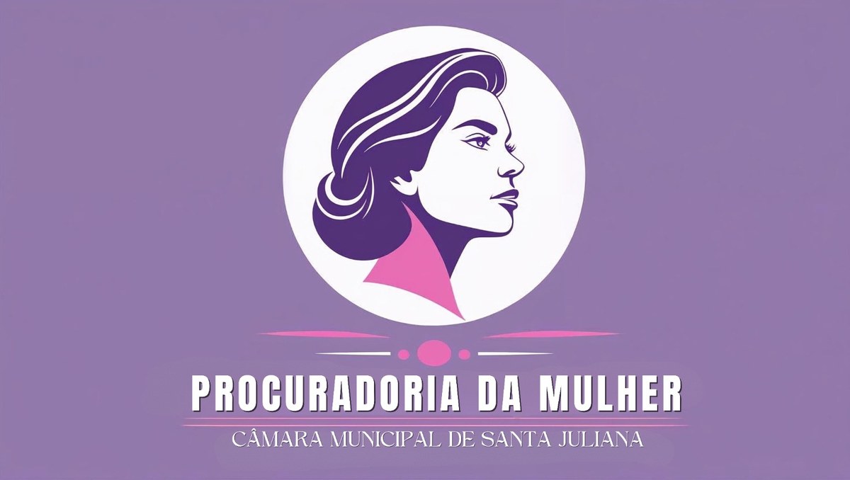 Identidade visual da Procuradoria da Mulher da Câmara Municipal de Santa Juliana: perfil ilustrado de uma mulher sobre fundo roxo.